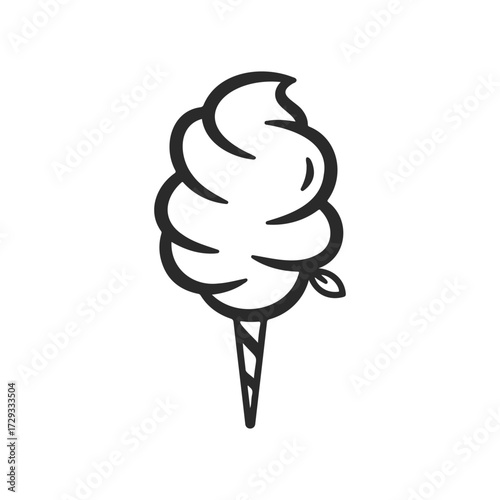 Black line art cotton candy on cone with leaf detail