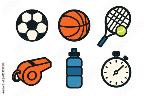 Essential sports and fitness equipment collection featuring various game balls, a tennis racket, whistle, water bottle, and stopwatch