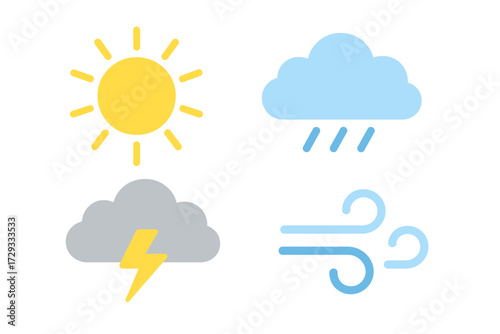 Modern flat design weather forecast icons set with sun, rain, storm, and wind symbols for various conditions