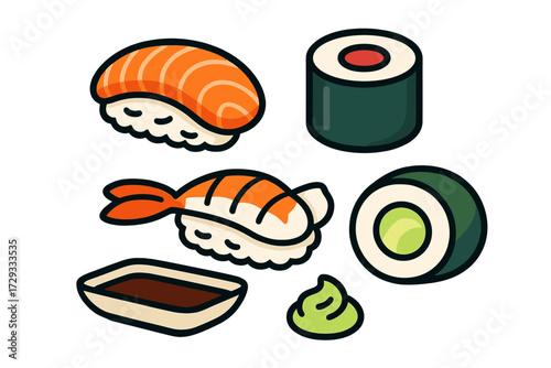 Collection of popular Japanese sushi dishes including salmon nigiri, shrimp, and maki rolls with dipping sauce