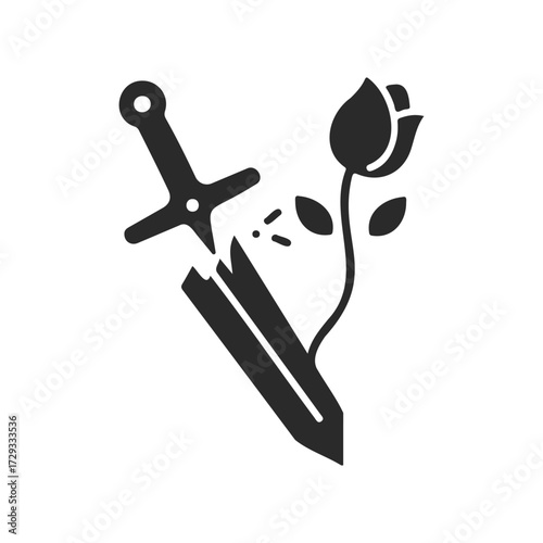 Sword piercing heart with blooming flower symbolizing love and sacrifice