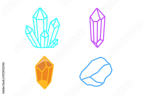 Vibrant geometric crystal and mineral shapes, including raw stones and faceted gems, for magic and fantasy designs