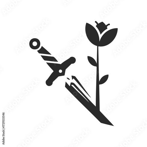 Silhouette of sword and flower symbolizing duality and balance