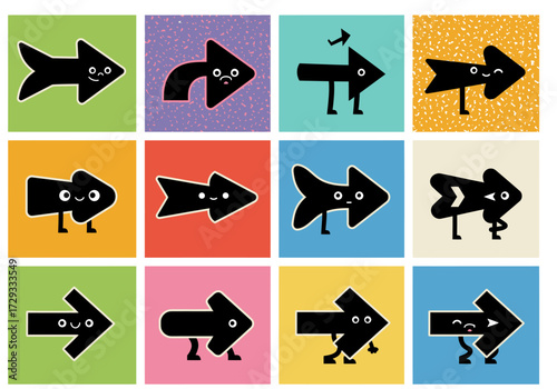 Whimsical Cartoon Arrow Characters Set with Diverse Expressions and Poses on Colorful Textured Backgrounds