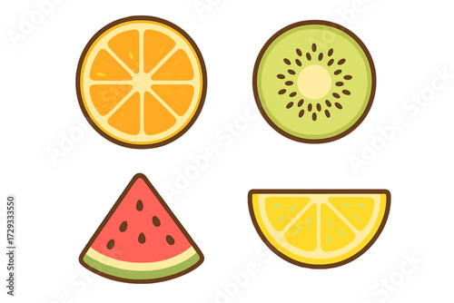 Assortment of vibrant citrus and tropical fruit slices including orange, kiwi, watermelon, and lemon