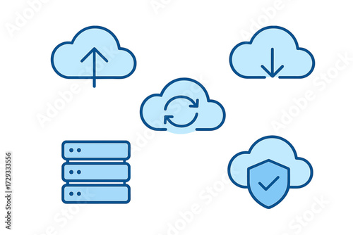 Cloud computing data storage security and synchronization icons for modern digital services and network concepts
