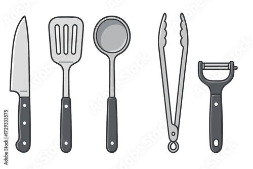 A collection of essential kitchen cooking utensils including a knife, spatula, ladle, tongs, and peeler