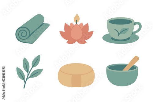 Assortment of essential wellness and meditation items including a yoga mat, lotus candle, tea cup, plant leaves, and singing bowl