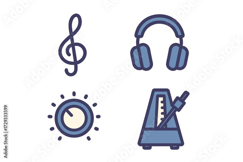 Music and audio equipment featuring a treble clef, headphones, volume knob, and metronome for sound production