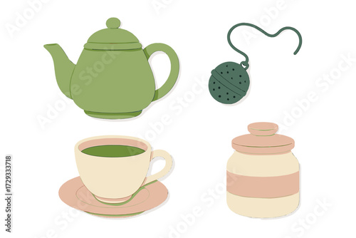 Stylized collection of tea preparation essentials: teapot, teacup, infuser, and storage jar