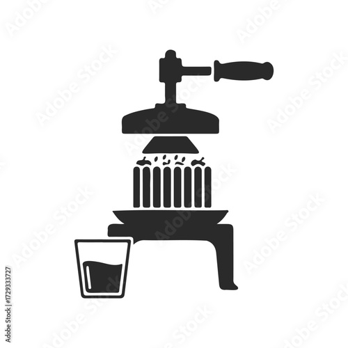 Silhouette of manual apple press with glass of fresh juice on white background