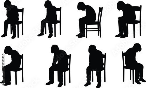 Silhouette vector illustration of people sitting on chair with bad posture, slouched positions, unhealthy spine alignment, ergonomic awareness, workplace concept