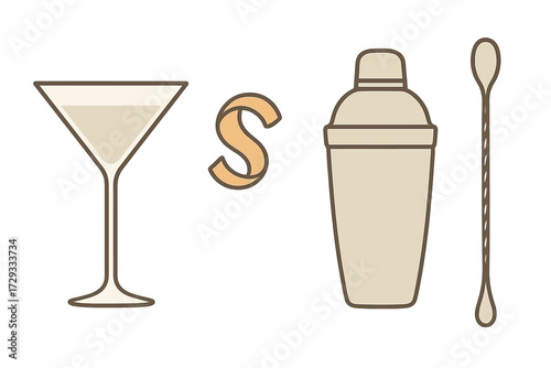 Classic martini glass, cocktail shaker, bar spoon, and lemon twist for sophisticated drink preparation
