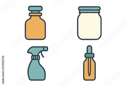 Stylized collection of diverse liquid containers including spray bottle, dropper, jar, and generic bottle designs for packaging and storage solutions