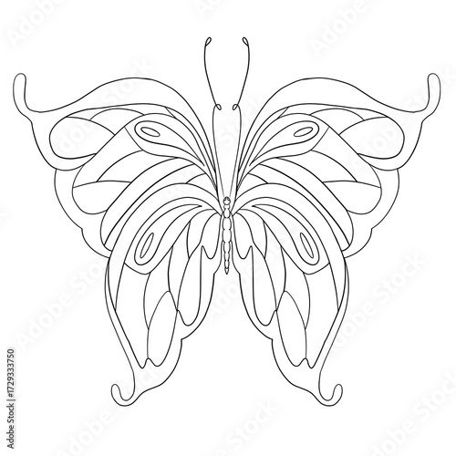 Beautiful butterfly outline showcasing intricate patterns suitable for coloring or artistic inspiration in a serene setting, coloring page, coloring book
