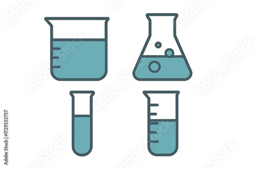 Set of laboratory glassware for science experiments and chemical research with various liquid levels and measurements