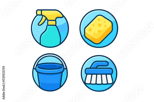 Colorful household cleaning supplies and tools icons set featuring a spray bottle, sponge, bucket, and scrub brush for hygiene and sanitation