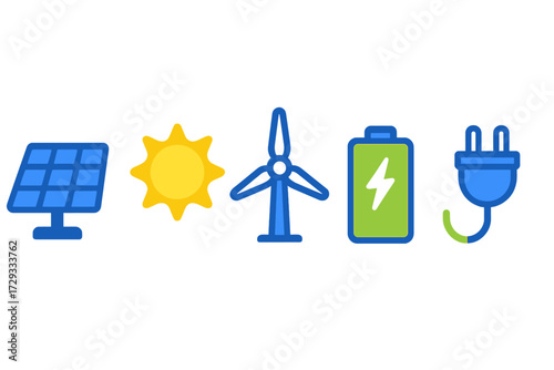 Modern flat design symbols for sustainable energy and green power generation including solar, wind, battery, and electric plug