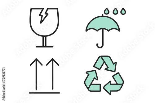Essential shipping and packaging symbols for fragile items, moisture protection, correct orientation, and environmental recycling