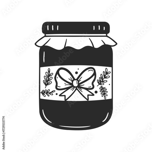 Decorative jam jar illustration with ribbon and leaf motif