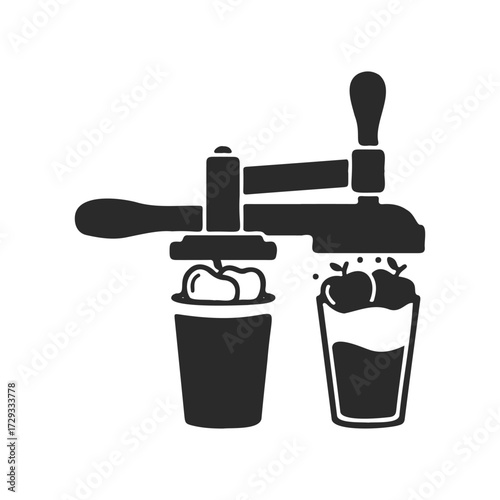 Manual citrus juicer icon with fresh juice glass and fruit slices