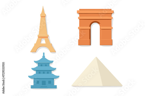 Stylized collection of famous world architectural landmarks and iconic travel monuments for global tourism concepts