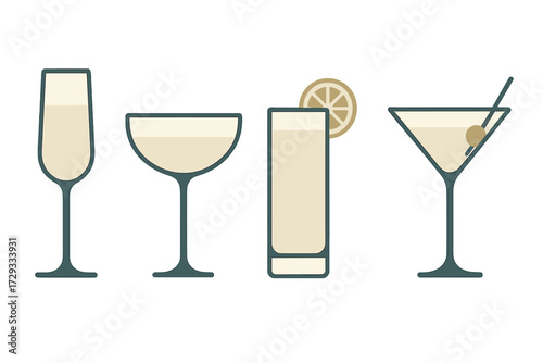 Assortment of various cocktail glasses filled with alcoholic beverages and elegant garnishes on a clean white background