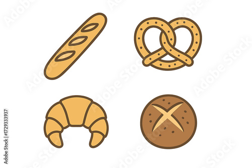 Assortment of freshly baked bread products including baguette, pretzel, croissant, and round roll