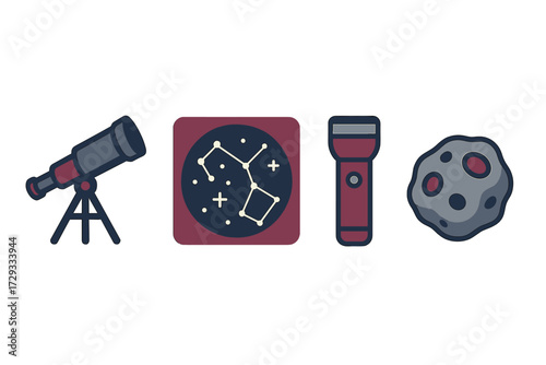 Set of astronomy and space exploration icons featuring a telescope, constellation, flashlight, and asteroid