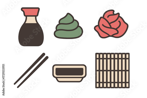 Traditional Japanese sushi preparation items including condiments, tools, and serving accessories for an authentic Asian dining experience