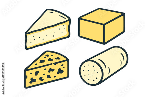 Assortment of various cheese shapes including triangular wedges, rectangular block, and cylindrical log for food concepts and dairy products