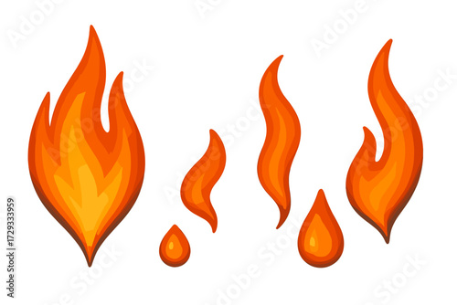 Vibrant collection of stylized fire flames and burning drops, representing heat, energy, passion, and danger