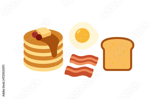 Delicious breakfast spread featuring a stack of pancakes, sunny side up egg, crispy bacon, and a slice of bread