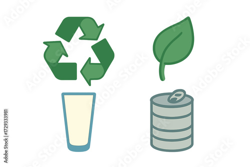 Eco-friendly waste management icons featuring a recycling logo, green leaf, glass container, and metal beverage can