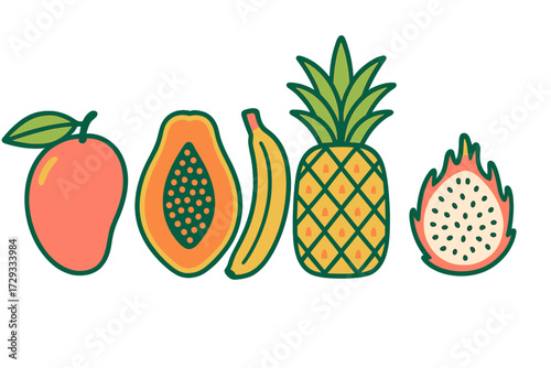 Vibrant collection of exotic tropical fruits featuring mango, halved papaya, banana, pineapple, and sliced dragon fruit