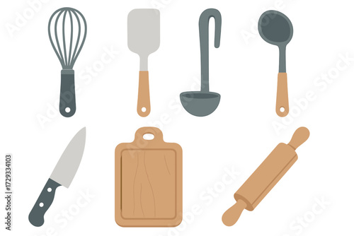 Assortment of essential kitchen cooking tools and baking utensils for home culinary activities and food preparation