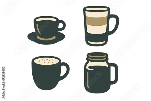 Modern graphic collection of coffee cups and mugs with various hot beverages and layered drinks, including espresso, latte, and cappuccino, ideal for cafe menus and breakfast designs