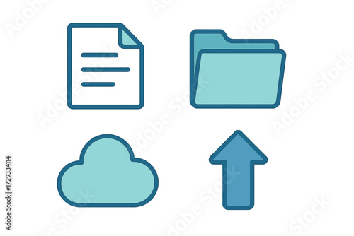 Digital file management concepts with document, folder, cloud storage, and upload arrow for web and mobile interfaces