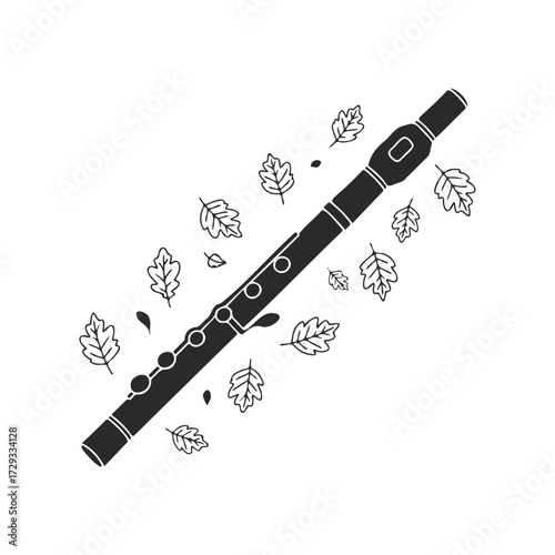 Black flute with autumn leaves in minimalist design on white background