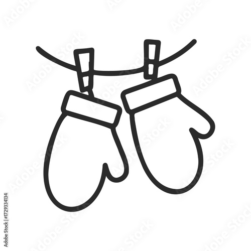 Simple black and white illustration of hanging winter mittens on a clothesline