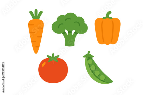 Colorful assortment of fresh healthy vegetables including carrot, broccoli, bell pepper, tomato, and green peas on a white background