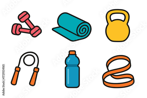 Various gym and exercise accessories including dumbbells, yoga mat, kettlebell, jump rope, water bottle, and resistance band
