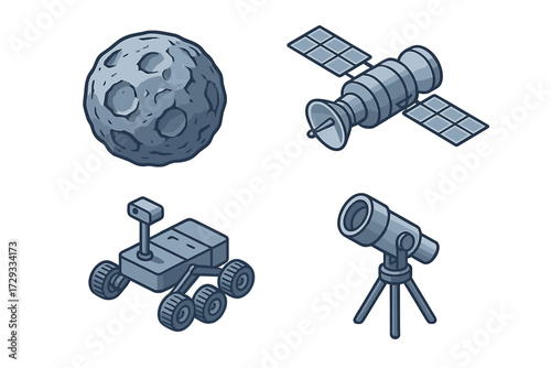 Isometric space exploration objects set including moon, orbital satellite, planetary rover, and astronomical telescope for scientific research
