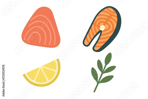 Delicious fresh salmon fillets and steak with a bright lemon wedge and aromatic herbs for healthy meal preparation