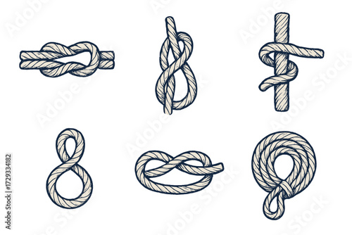 Detailed collection of various marine rope knots and sailing cordage elements for nautical design and maritime themes, isolated on white
