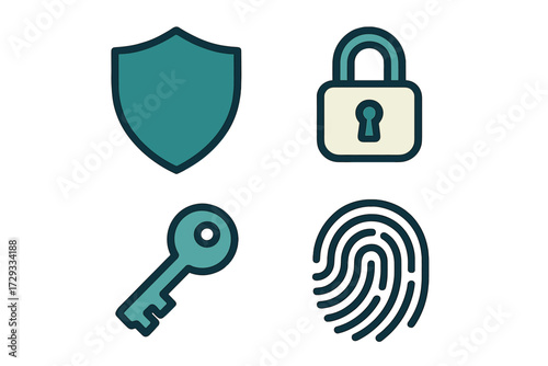 Digital security and access control symbols featuring shield, padlock, key, and fingerprint for data protection