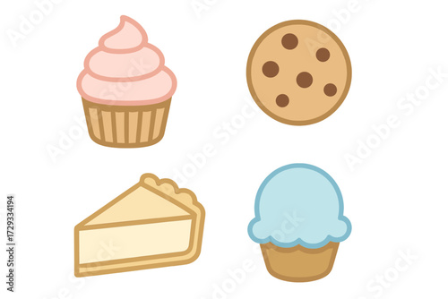 Sweet baked goods and desserts assortment with pink cupcake, chocolate chip cookie, blue cupcake, and cheesecake slice