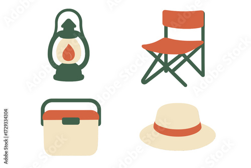 Outdoor adventure equipment set with camping lantern, folding chair, portable cooler, and sun hat for travel