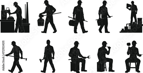 Silhouette collection of factory and construction workers in various poses, including working with tools, sitting, and standing for industrial concepts