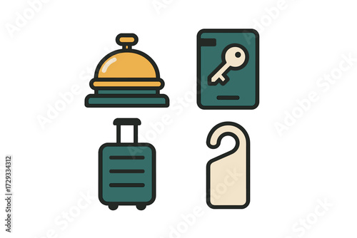 Essential hotel amenities and travel items icon pack featuring a service bell, room key card, rolling luggage, and a do not disturb door hanger